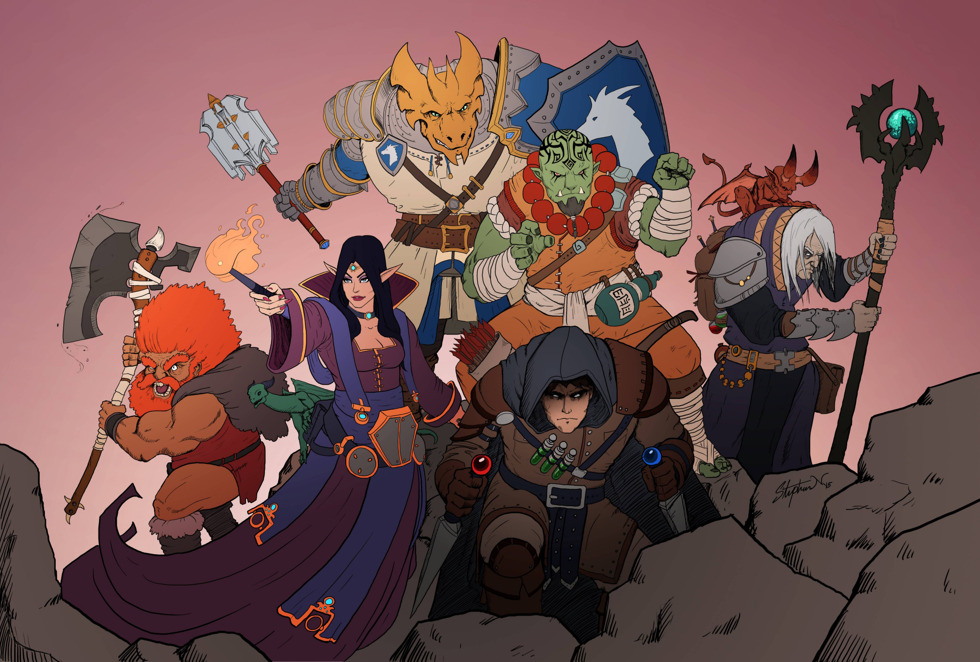A classic D&D party stands at the ready. The dwarf has really orange hair. Like, really orange.