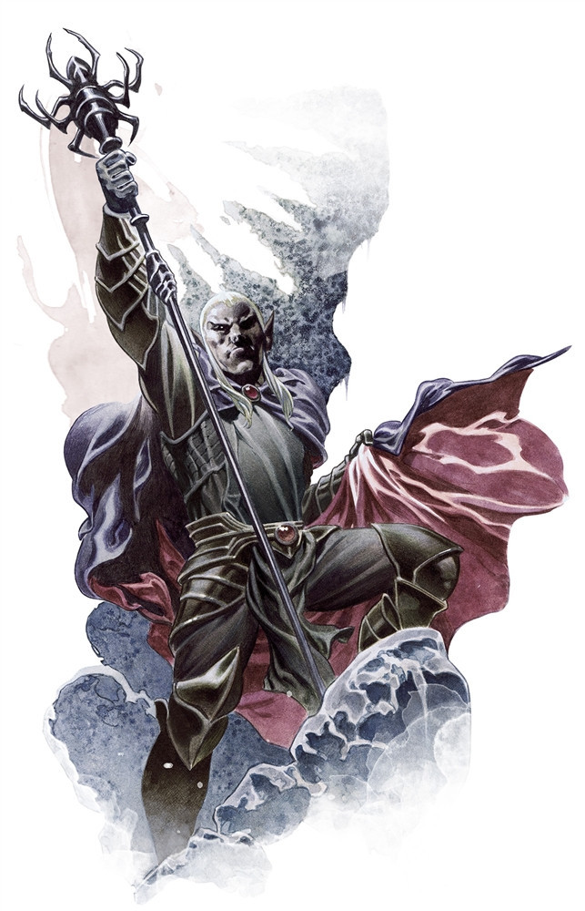 A Drow Mage stands triumphantly on something. A rock? A frozen wave? A cloud? It's not clear, but it's cool.