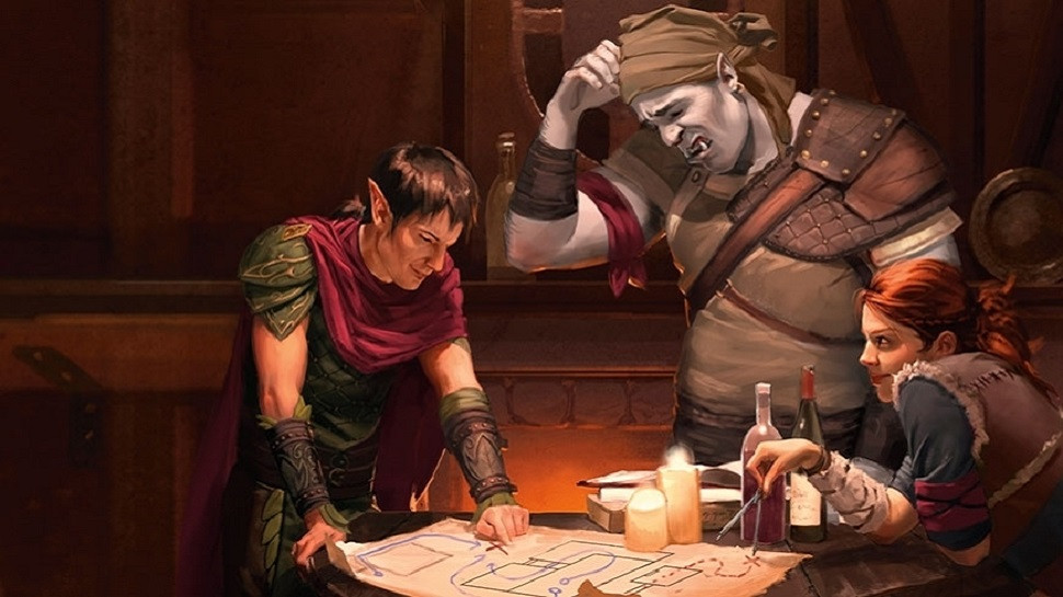 An elf, an orc, and a sly looking woman hover over a map